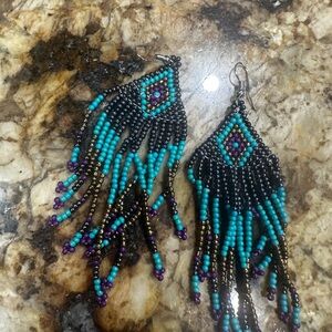 Beaded Fringe Earrings in Turquoise and Purple